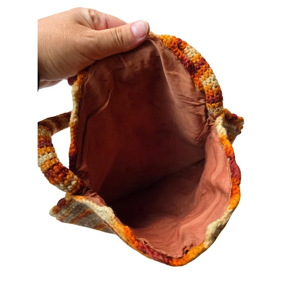 Vintage Handmade Crochet Circle Bag Orange Brown Spiral Round Tote Boho Lined G1